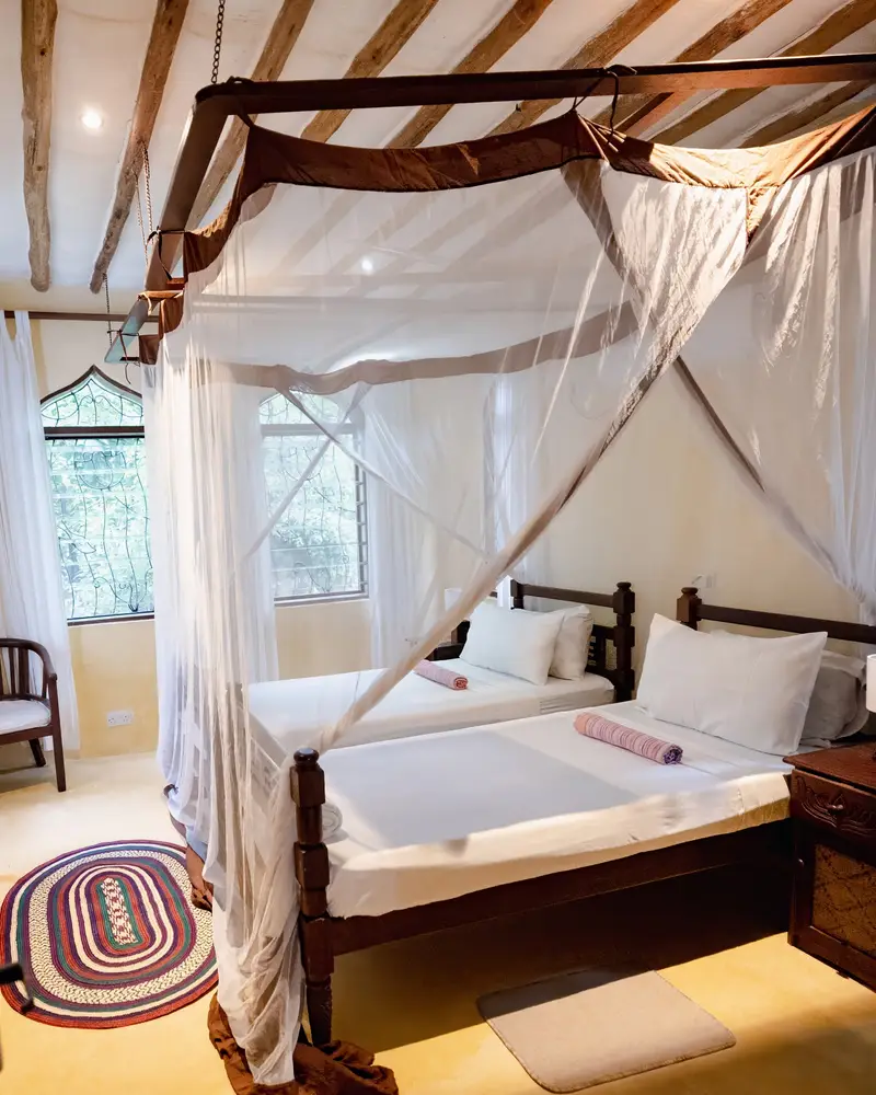 Twin room with two beds under a shared mosquito canopy